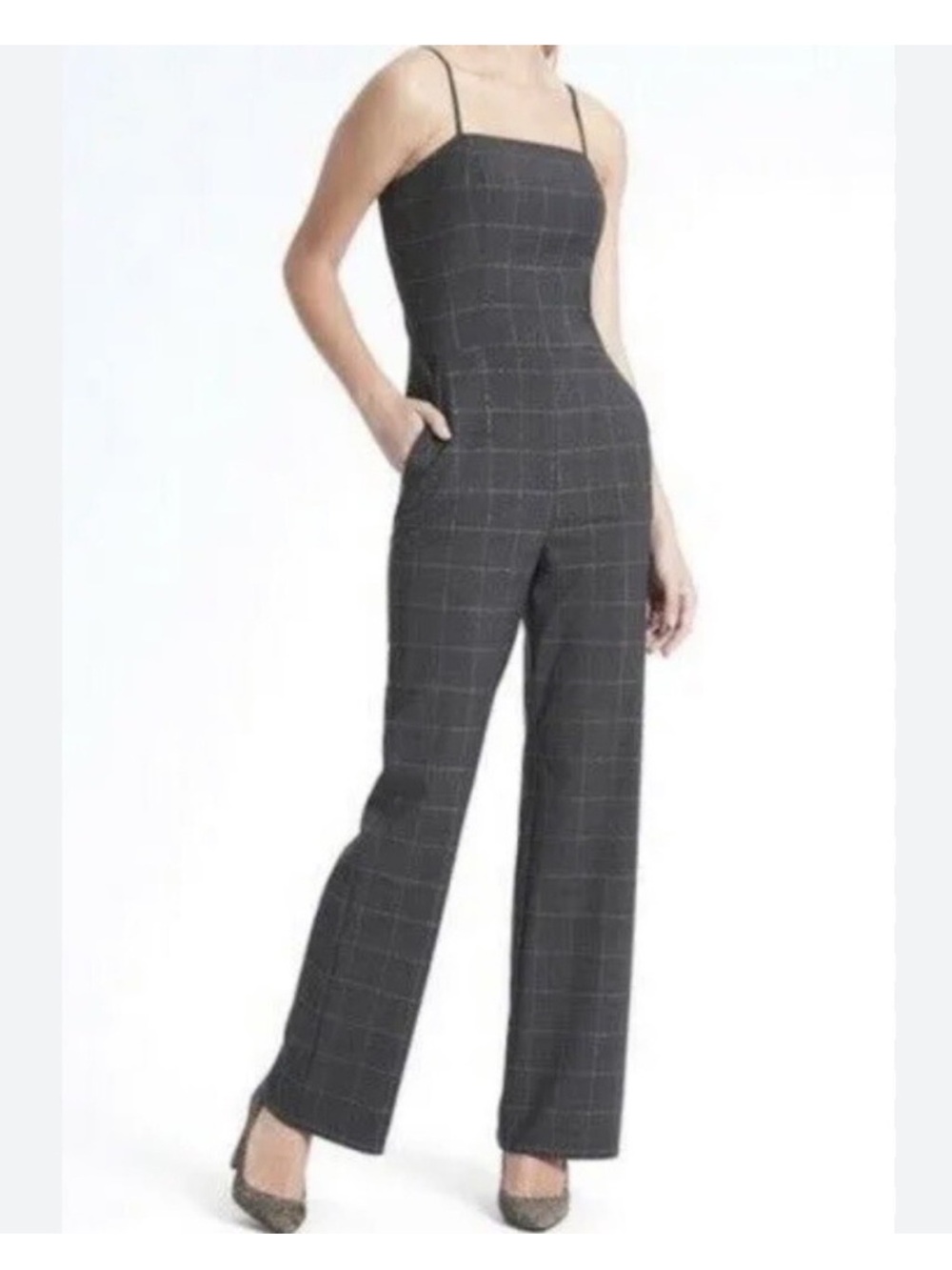 Banana Republic Gray Windowpane Spaghetti-Strap Jumpsuit